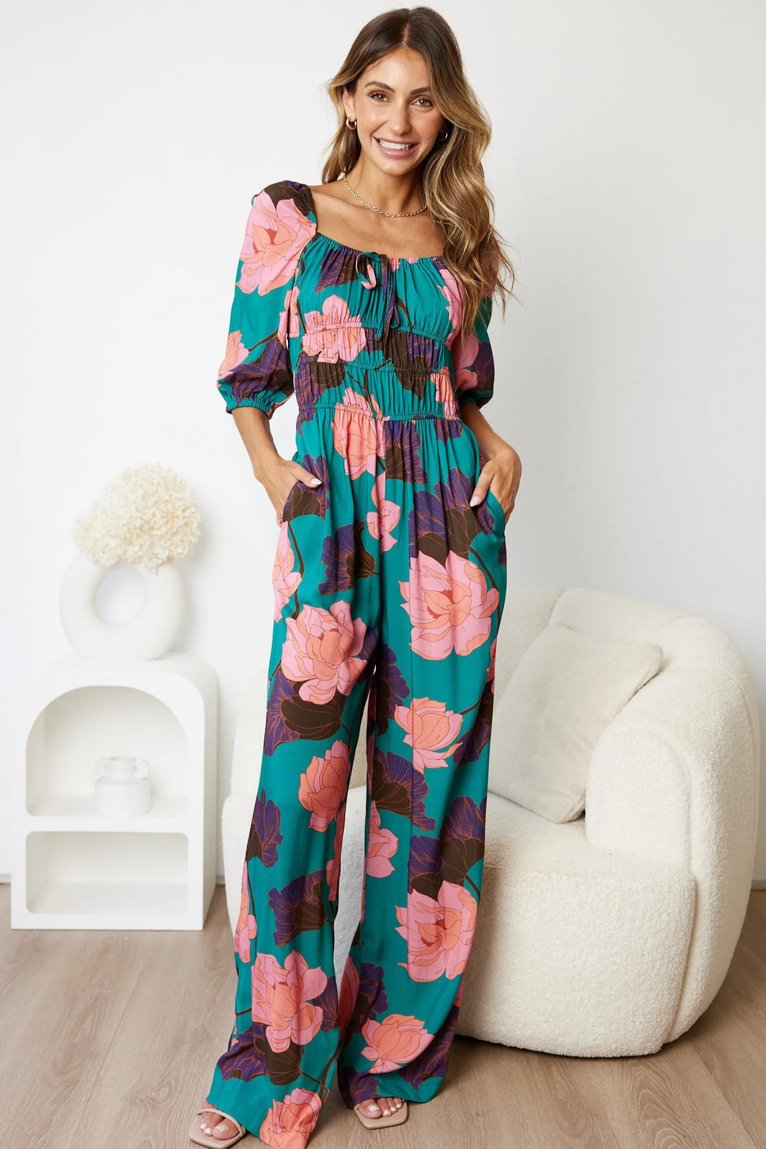 Outlet Agnette Jumpsuit - Botanical Turquoise Playsuits & Jumpsuits