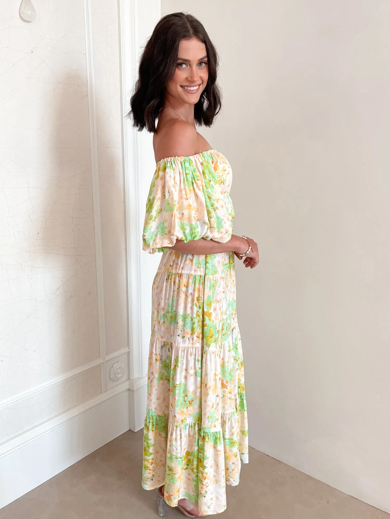 Clearance Aiyanna Dress - Green Floral Floral Dresses|Off The Shoulder Dresses