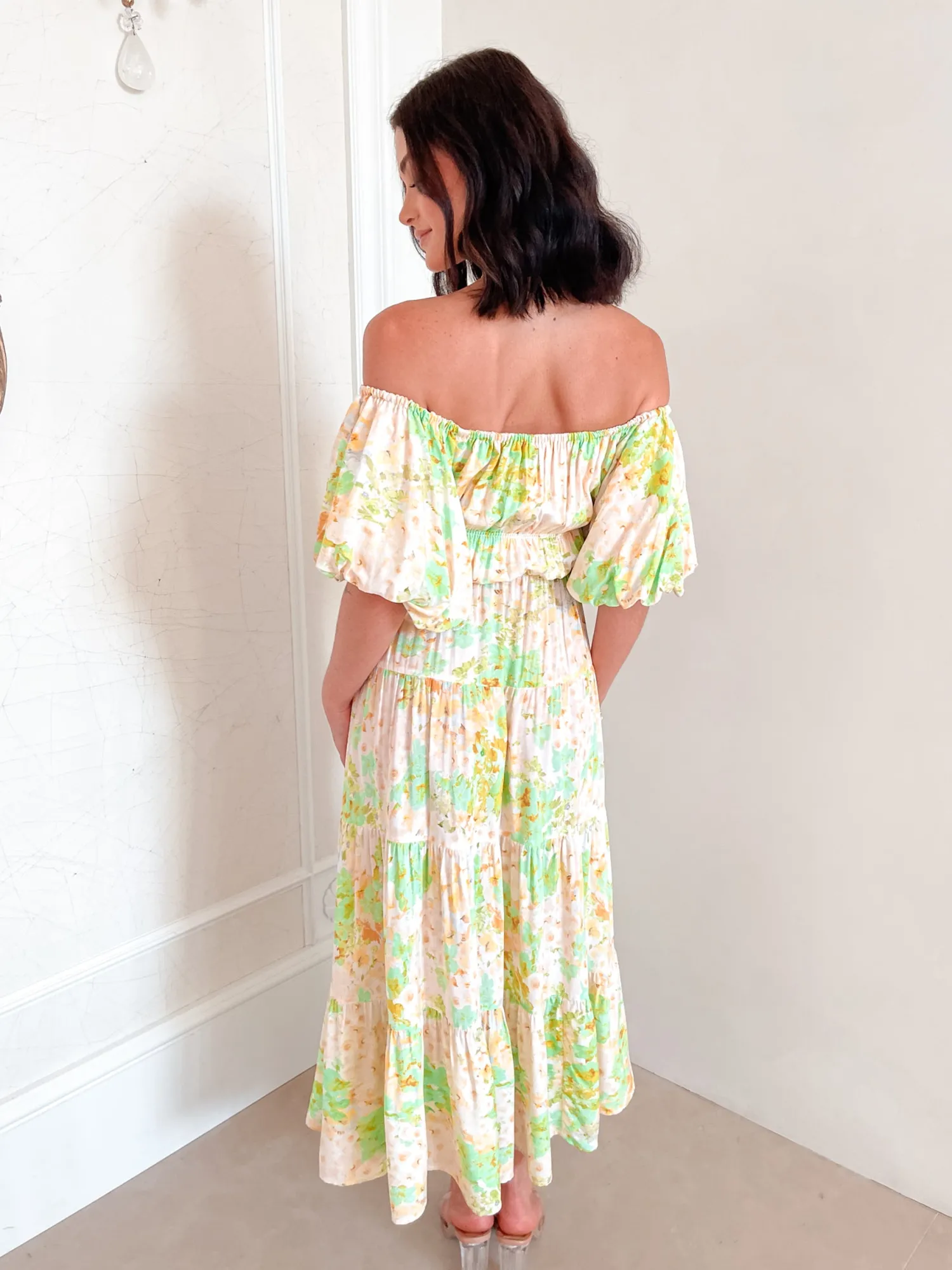 Clearance Aiyanna Dress - Green Floral Floral Dresses|Off The Shoulder Dresses
