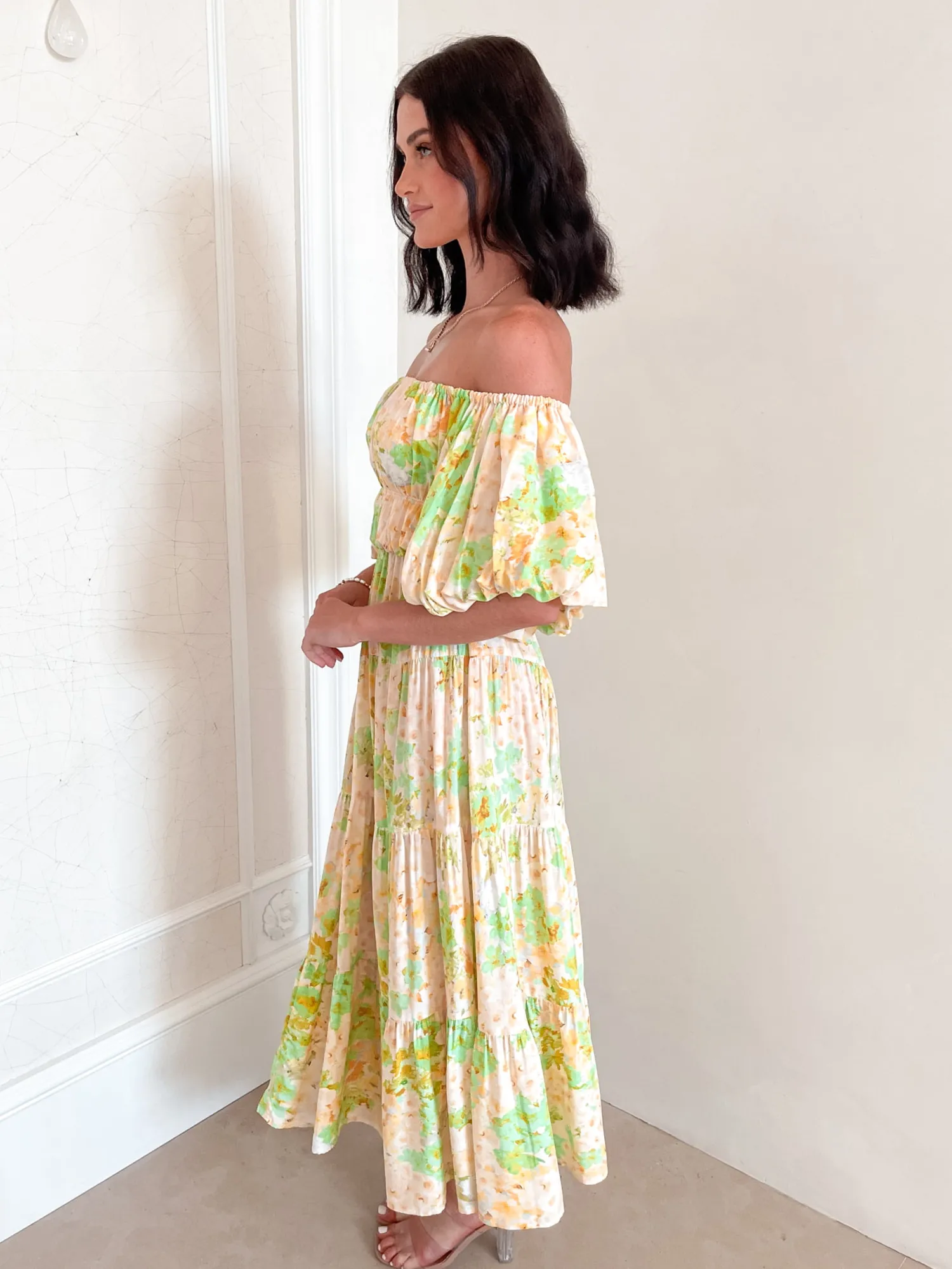 Clearance Aiyanna Dress - Green Floral Floral Dresses|Off The Shoulder Dresses