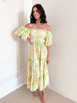 Clearance Aiyanna Dress - Green Floral Floral Dresses|Off The Shoulder Dresses