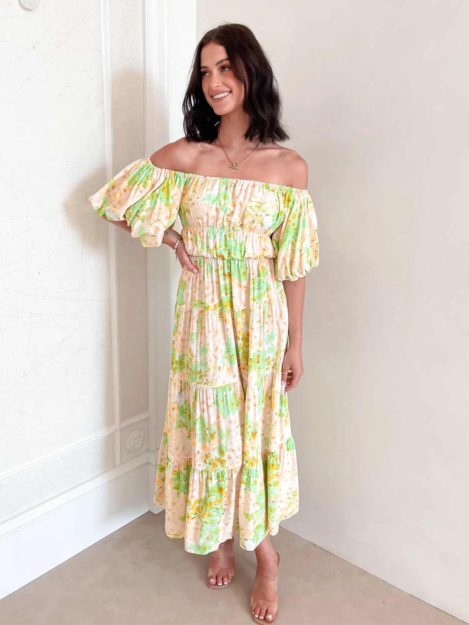 Clearance Aiyanna Dress - Green Floral Floral Dresses|Off The Shoulder Dresses