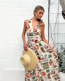 Clearance Alpharetta Dress - Beige Print Maxi Dresses|Holiday Dresses