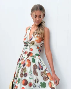 Clearance Alpharetta Dress - Beige Print Maxi Dresses|Holiday Dresses