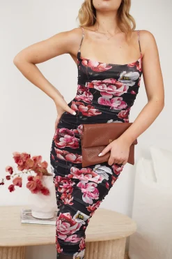 Clearance Anka Dress - Black Floral Satin Dresses|Floral Dresses