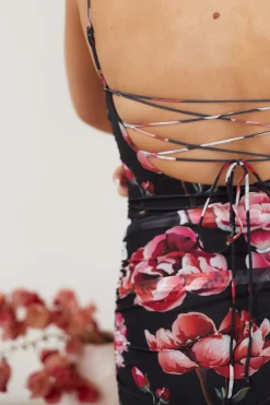 Clearance Anka Dress - Black Floral Satin Dresses|Floral Dresses
