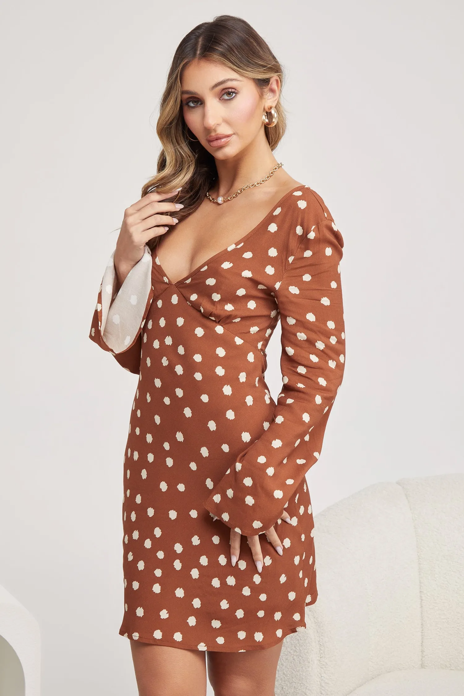 Online Bellamy Dress - Brown Spot Spot Dresses|Long Sleeve Dresses
