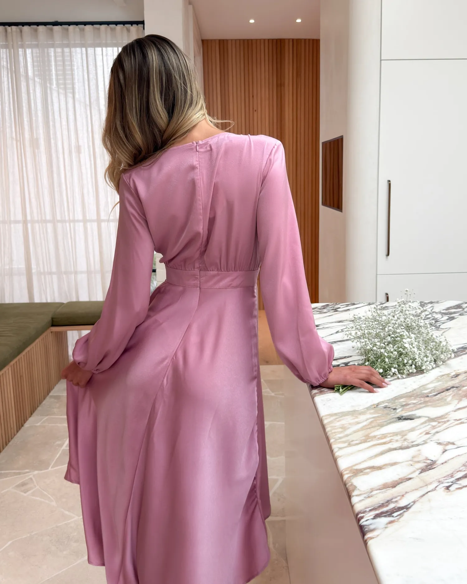 Best Bryleigh Dress - Blush Satin Dresses|Long Sleeve Dresses