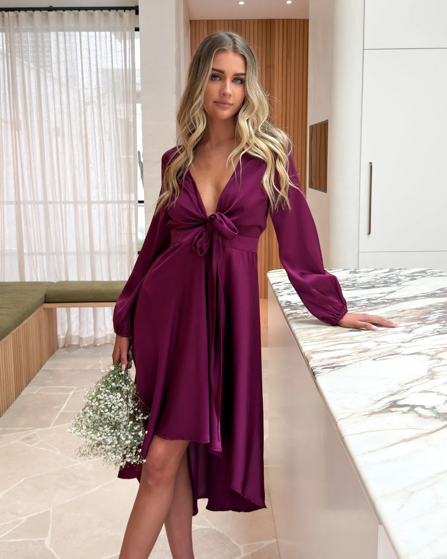 New Bryleigh Dress - Bordeaux Long Sleeve Dresses|Satin Dresses