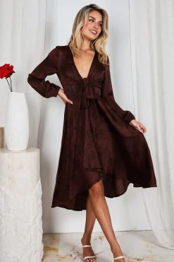 Outlet Bryleigh Dress - Bronze Print Satin Dresses|Long Sleeve Dresses