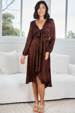 Outlet Bryleigh Dress - Bronze Print Satin Dresses|Long Sleeve Dresses