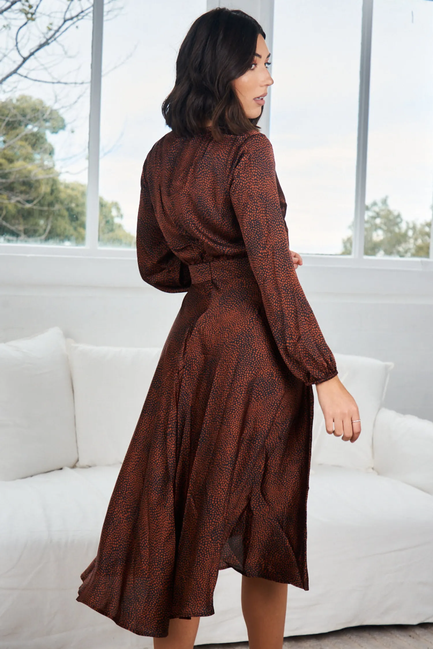 Outlet Bryleigh Dress - Bronze Print Satin Dresses|Long Sleeve Dresses