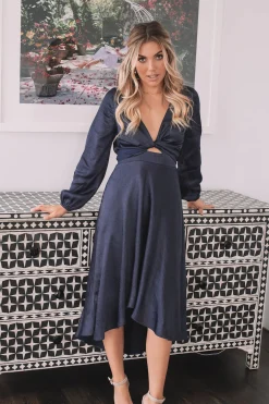 Discount Bryleigh Dress - Navy Satin Dresses|Long Sleeve Dresses