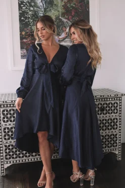 Discount Bryleigh Dress - Navy Satin Dresses|Long Sleeve Dresses