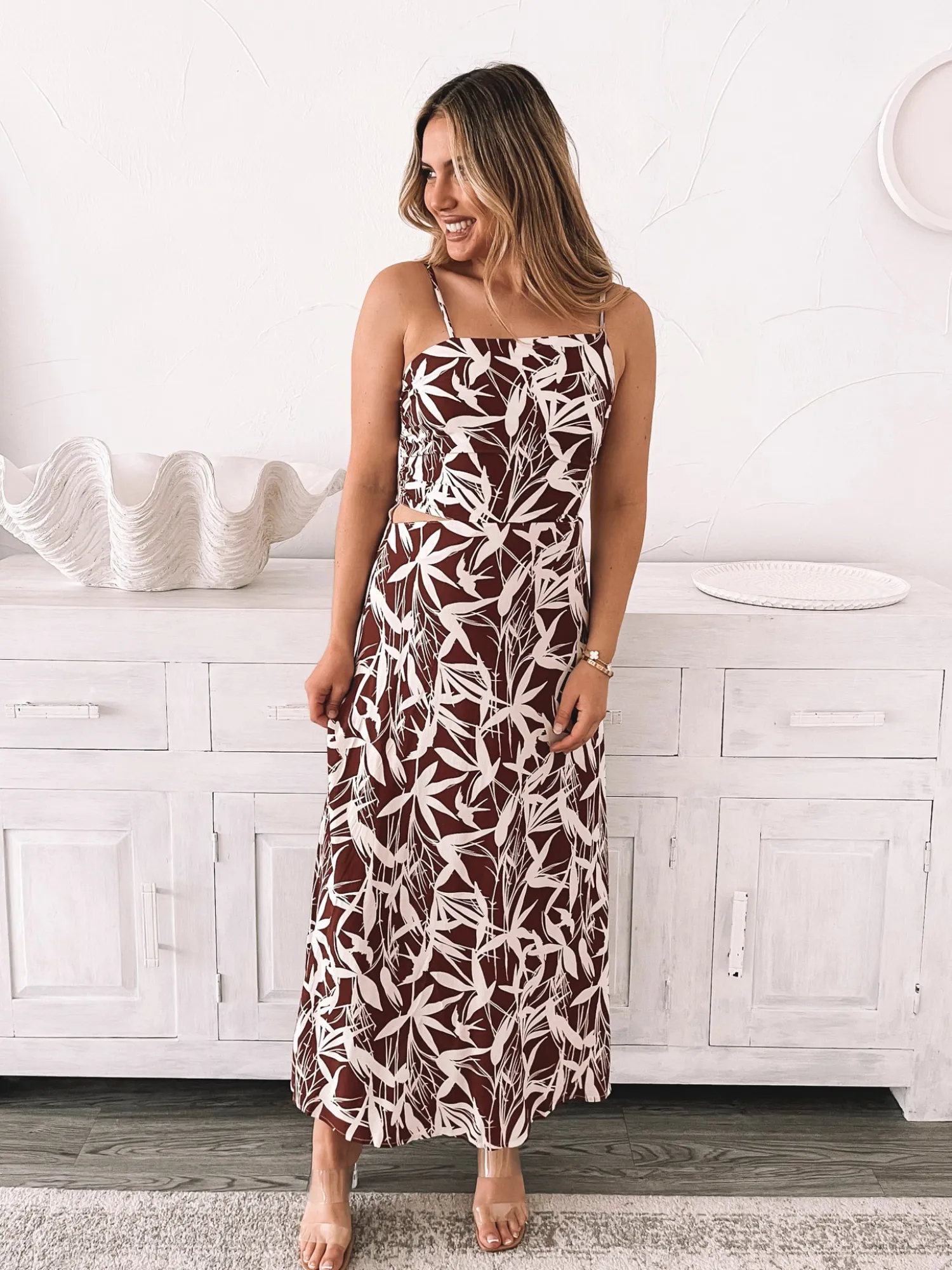 Clearance Catrice Dress - Leafy Mocha Cut Out Dresses|Midi Dresses