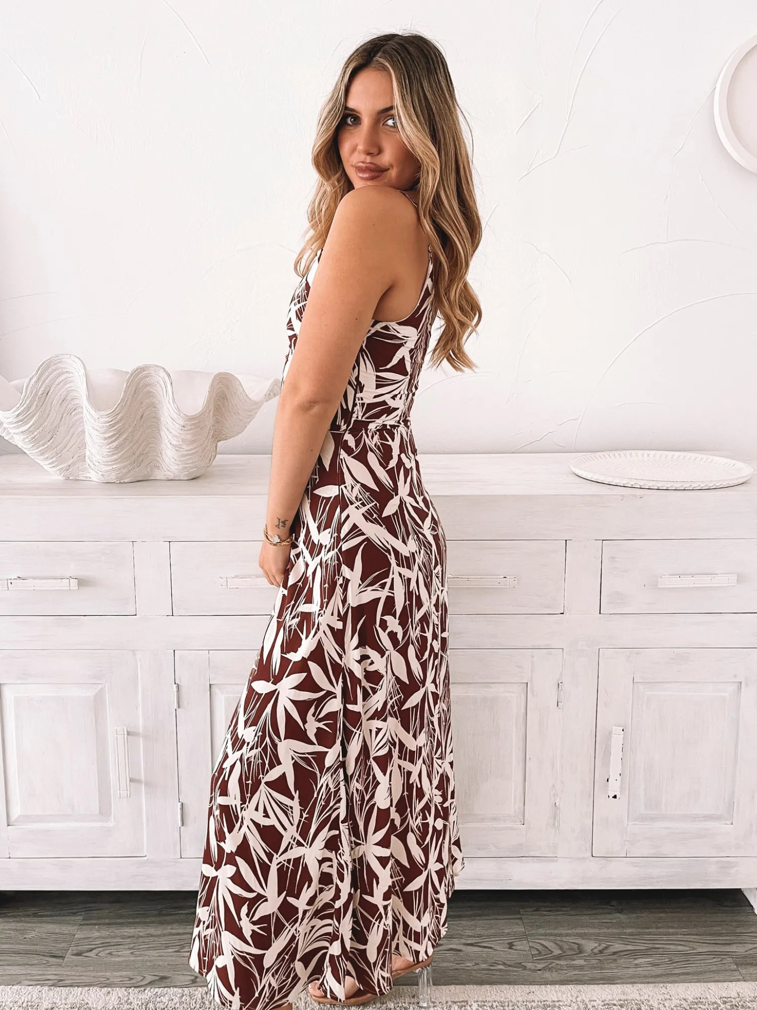 Clearance Catrice Dress - Leafy Mocha Cut Out Dresses|Midi Dresses