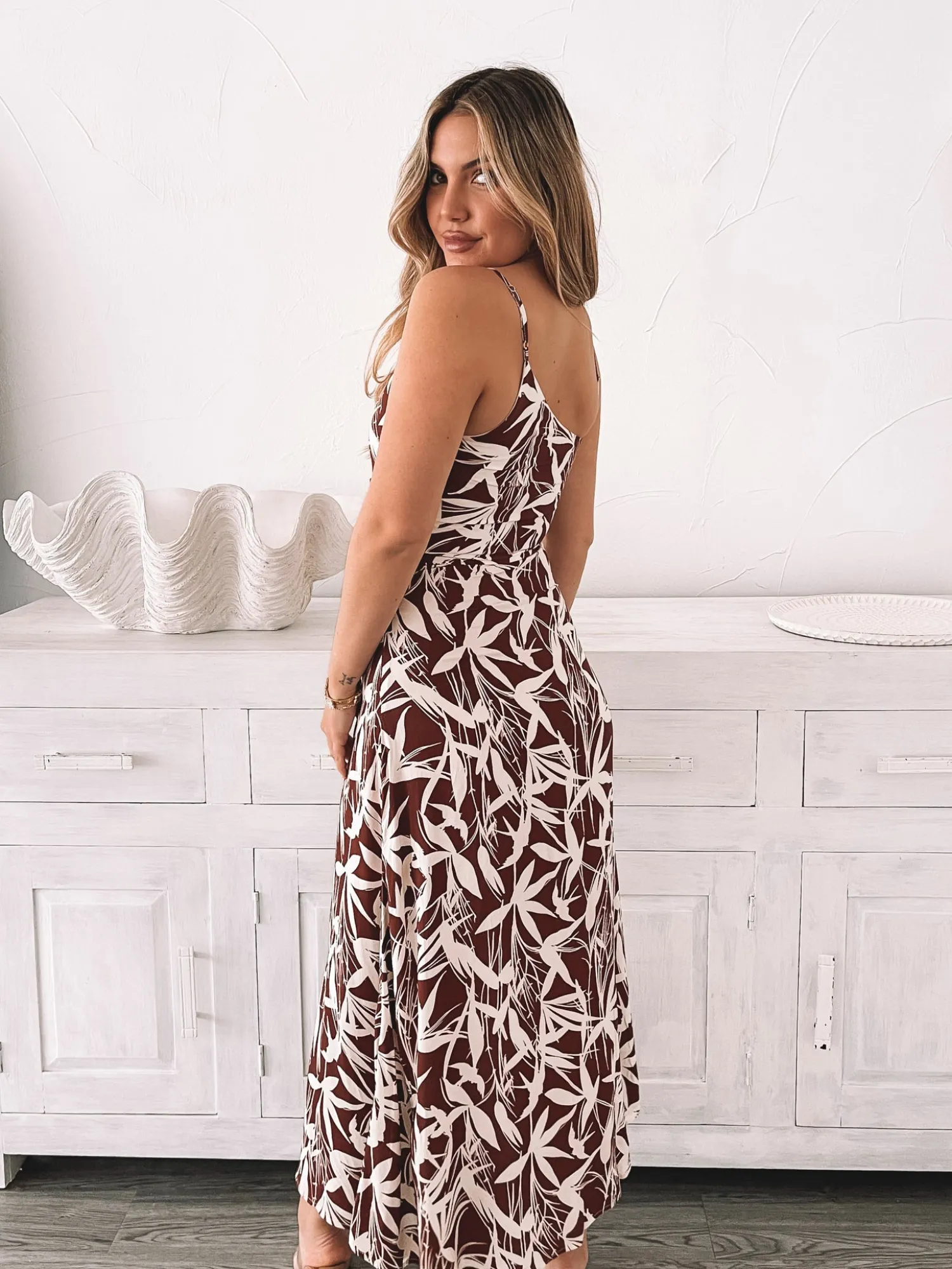 Clearance Catrice Dress - Leafy Mocha Cut Out Dresses|Midi Dresses