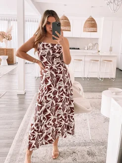 Clearance Catrice Dress - Leafy Mocha Cut Out Dresses|Midi Dresses
