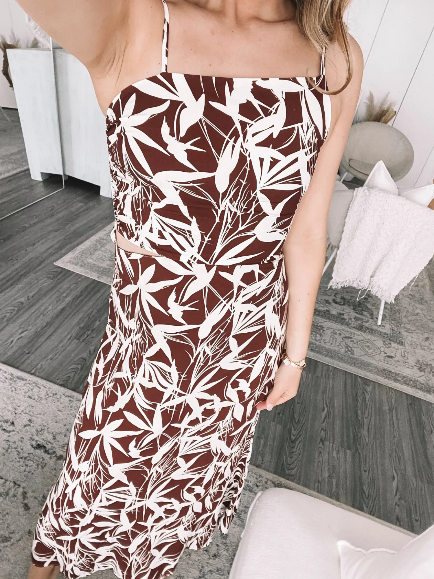 Clearance Catrice Dress - Leafy Mocha Cut Out Dresses|Midi Dresses