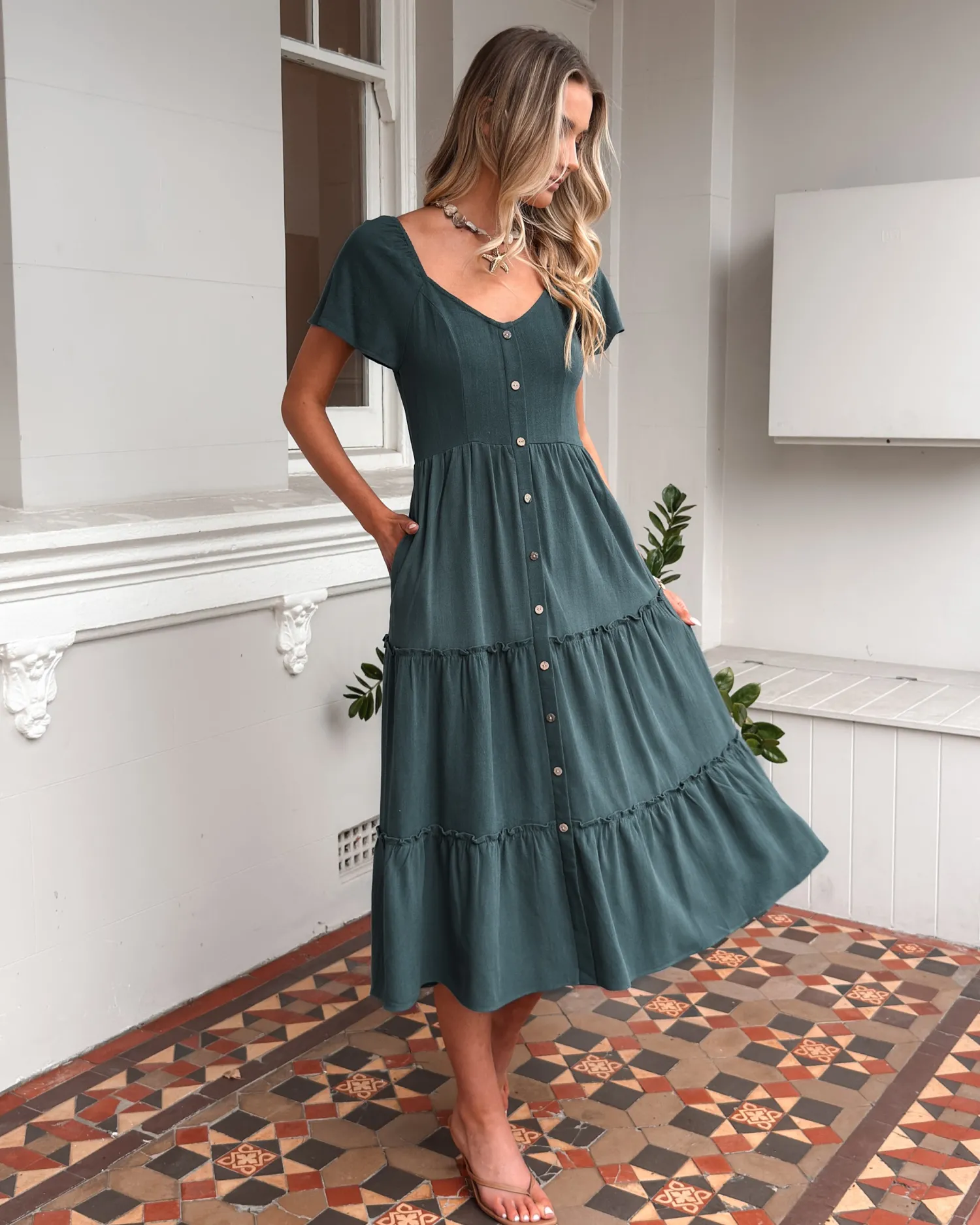Celie Dress - Deep Green Linen Dresses|Maternity Dresses