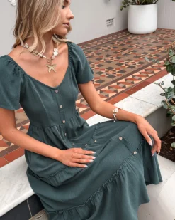 Celie Dress - Deep Green Linen Dresses|Maternity Dresses