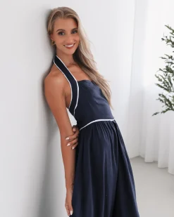 Outlet Dolci Dress - Navy Print Linen Dresses|Halter Dresses