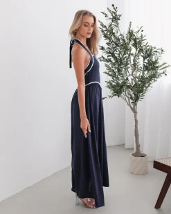 Outlet Dolci Dress - Navy Print Linen Dresses|Halter Dresses