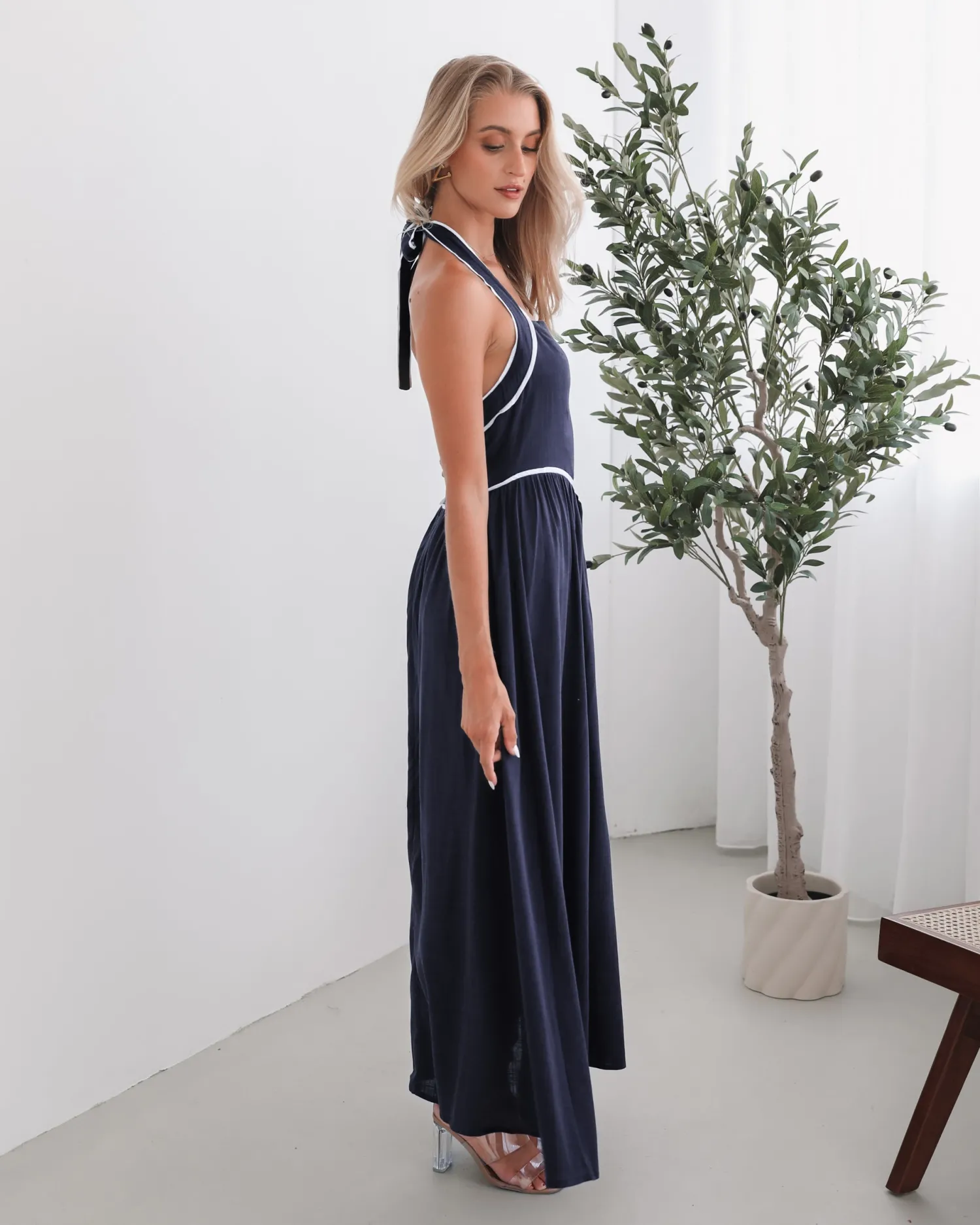 Outlet Dolci Dress - Navy Print Linen Dresses|Halter Dresses