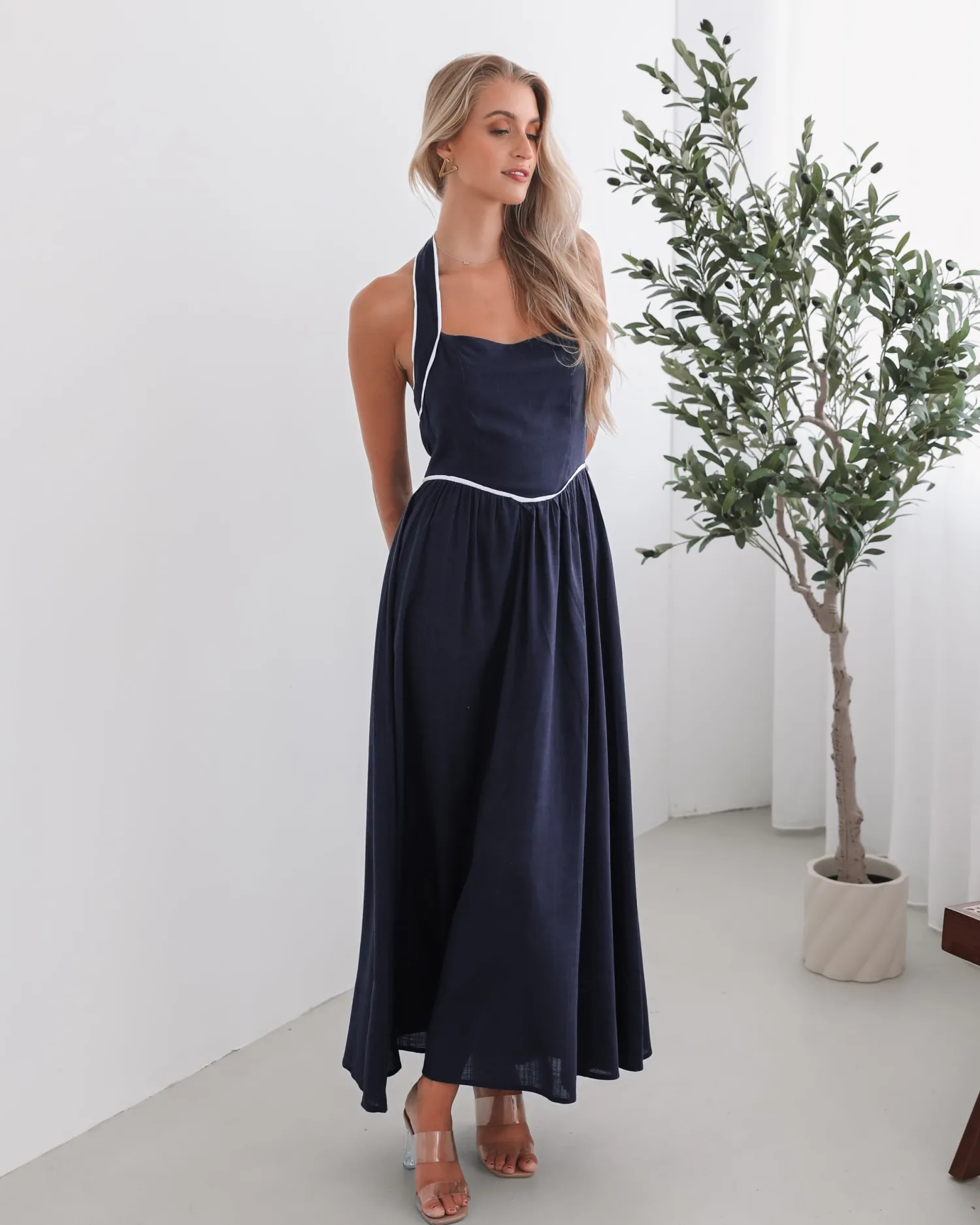 Outlet Dolci Dress - Navy Print Linen Dresses|Halter Dresses