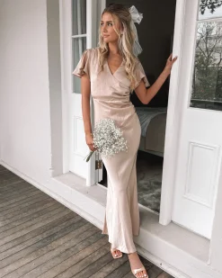 Online Doren Dress - Champagne Satin Dresses|Curve Dresses