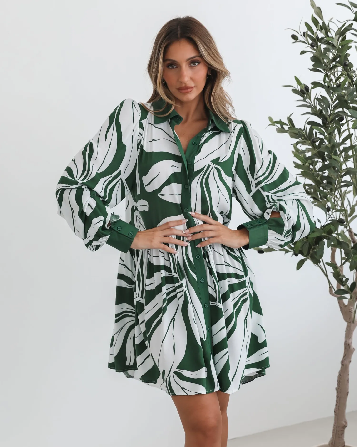 Clearance Eilynne Dress - Green Print Long Sleeve Dresses|Shirt Dresses