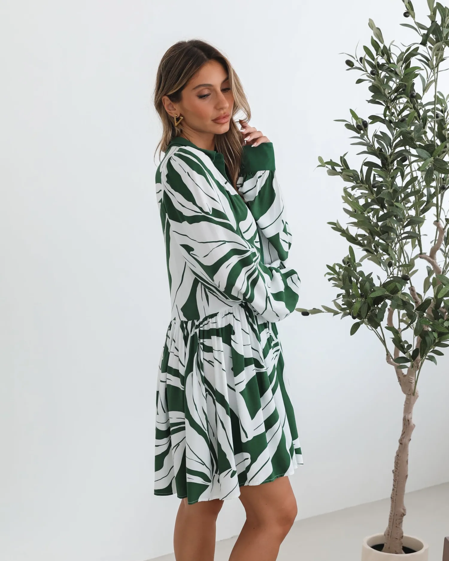 Clearance Eilynne Dress - Green Print Long Sleeve Dresses|Shirt Dresses