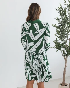 Clearance Eilynne Dress - Green Print Long Sleeve Dresses|Shirt Dresses