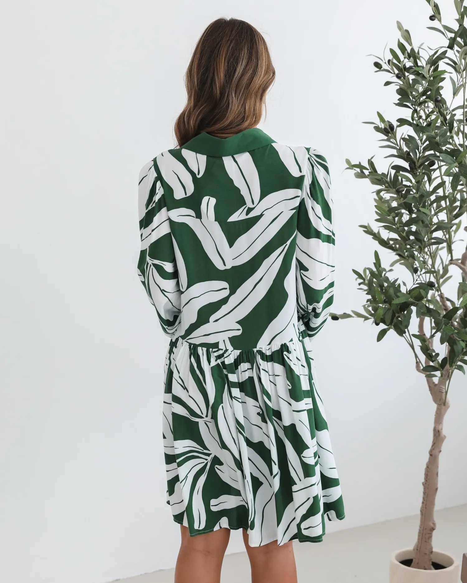 Clearance Eilynne Dress - Green Print Long Sleeve Dresses|Shirt Dresses