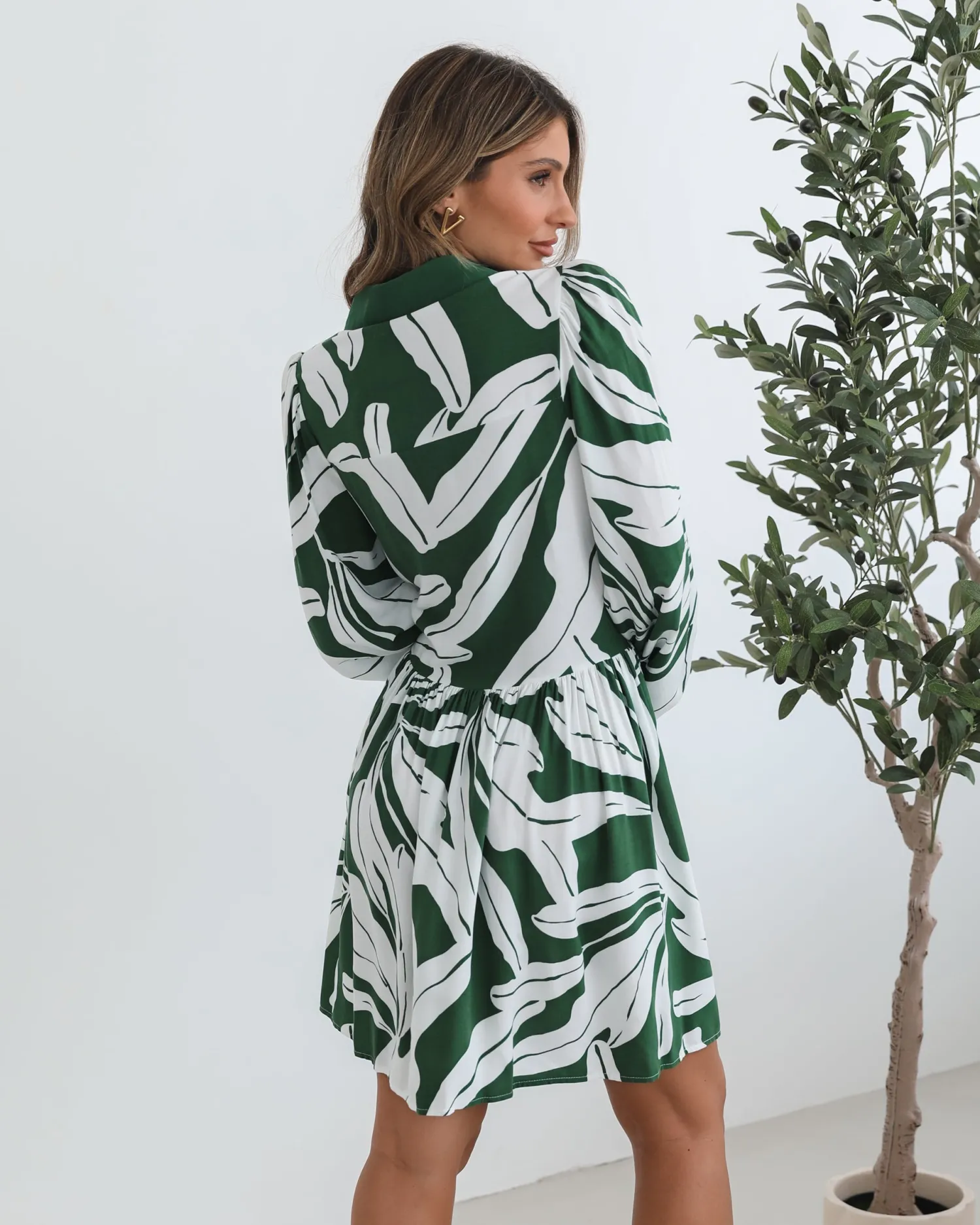 Clearance Eilynne Dress - Green Print Long Sleeve Dresses|Shirt Dresses
