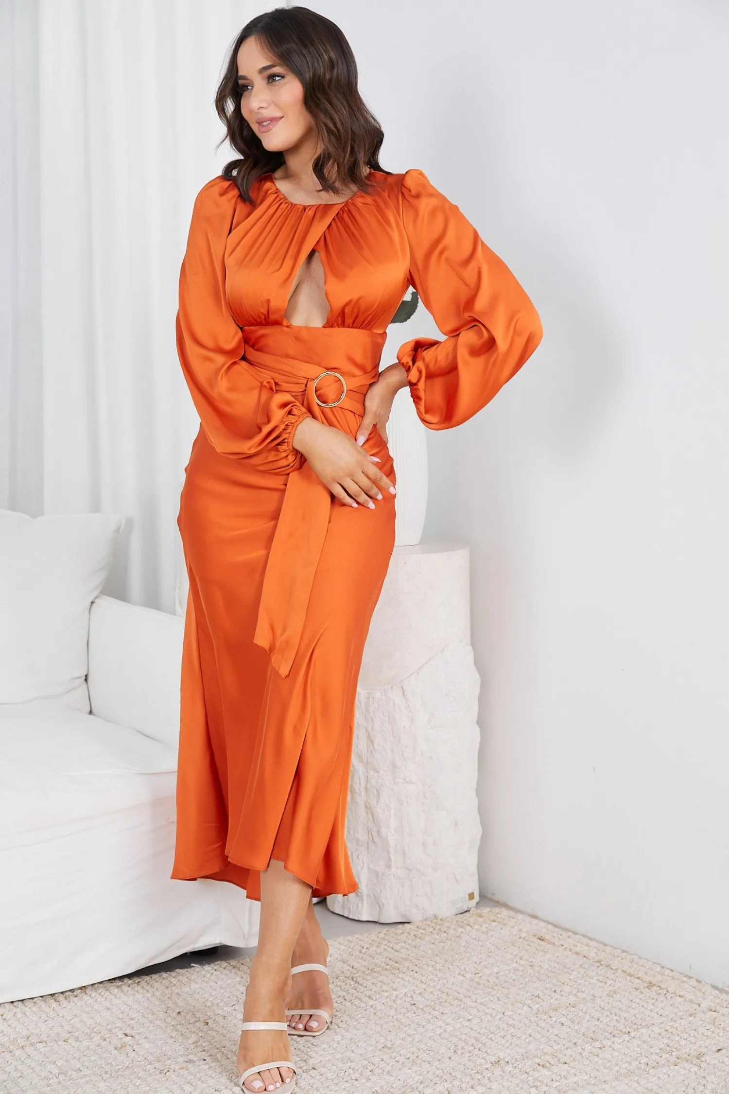 New Evynne Dress - Orange Satin Dresses|Cut Out Dresses