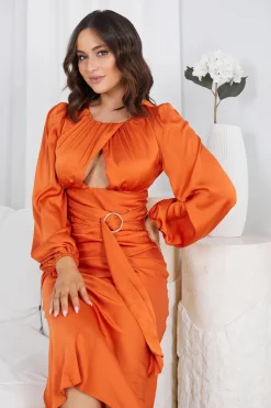 New Evynne Dress - Orange Satin Dresses|Cut Out Dresses