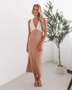 Sale Fiorenza Dress - Beige Multi Satin Dresses|Midi Dresses