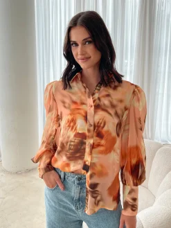 Clearance Fleet Blouse - Yellow Blurred Floral Long Sleeve Tops|Blouses & Shirts