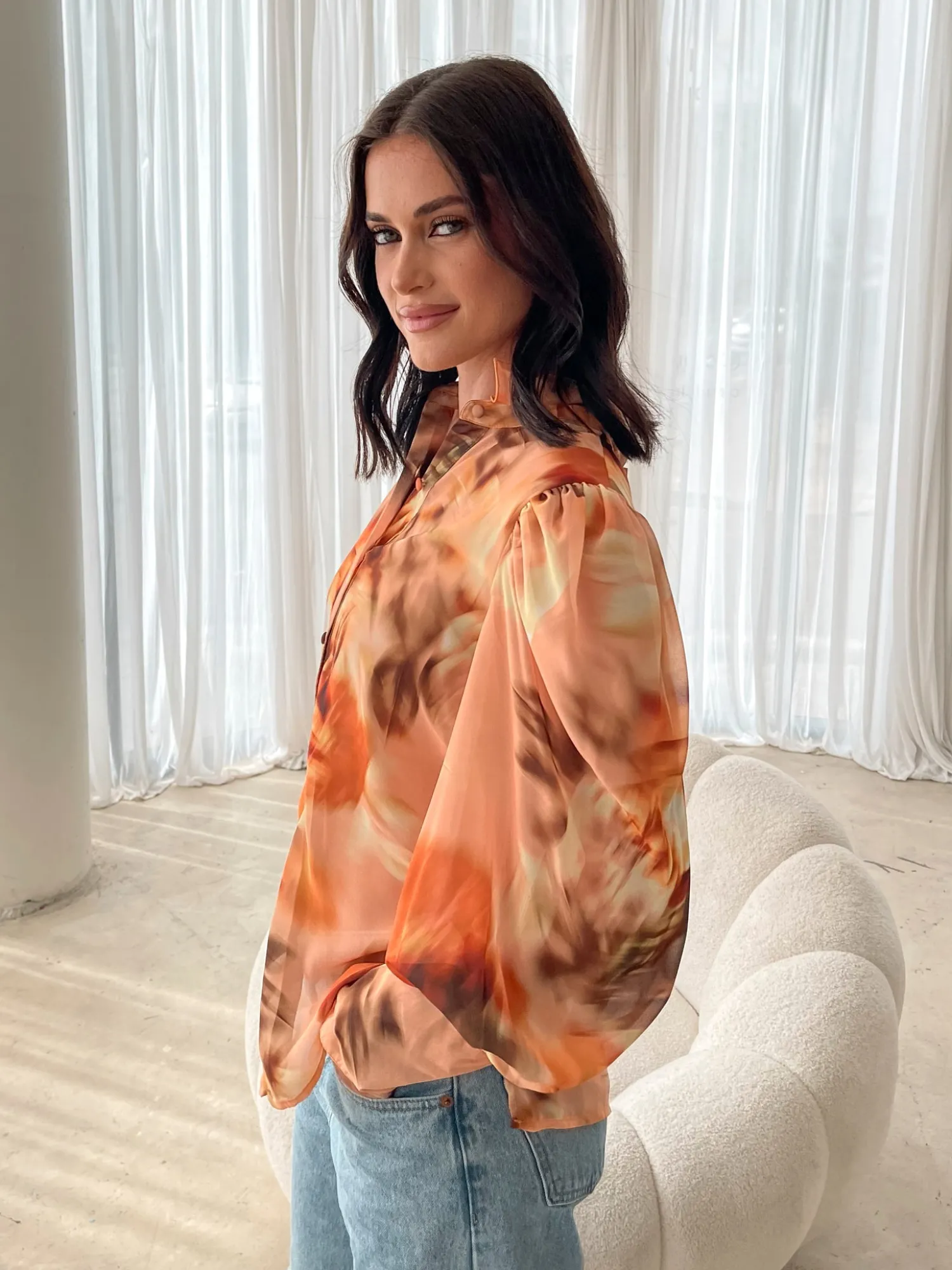 Clearance Fleet Blouse - Yellow Blurred Floral Long Sleeve Tops|Blouses & Shirts