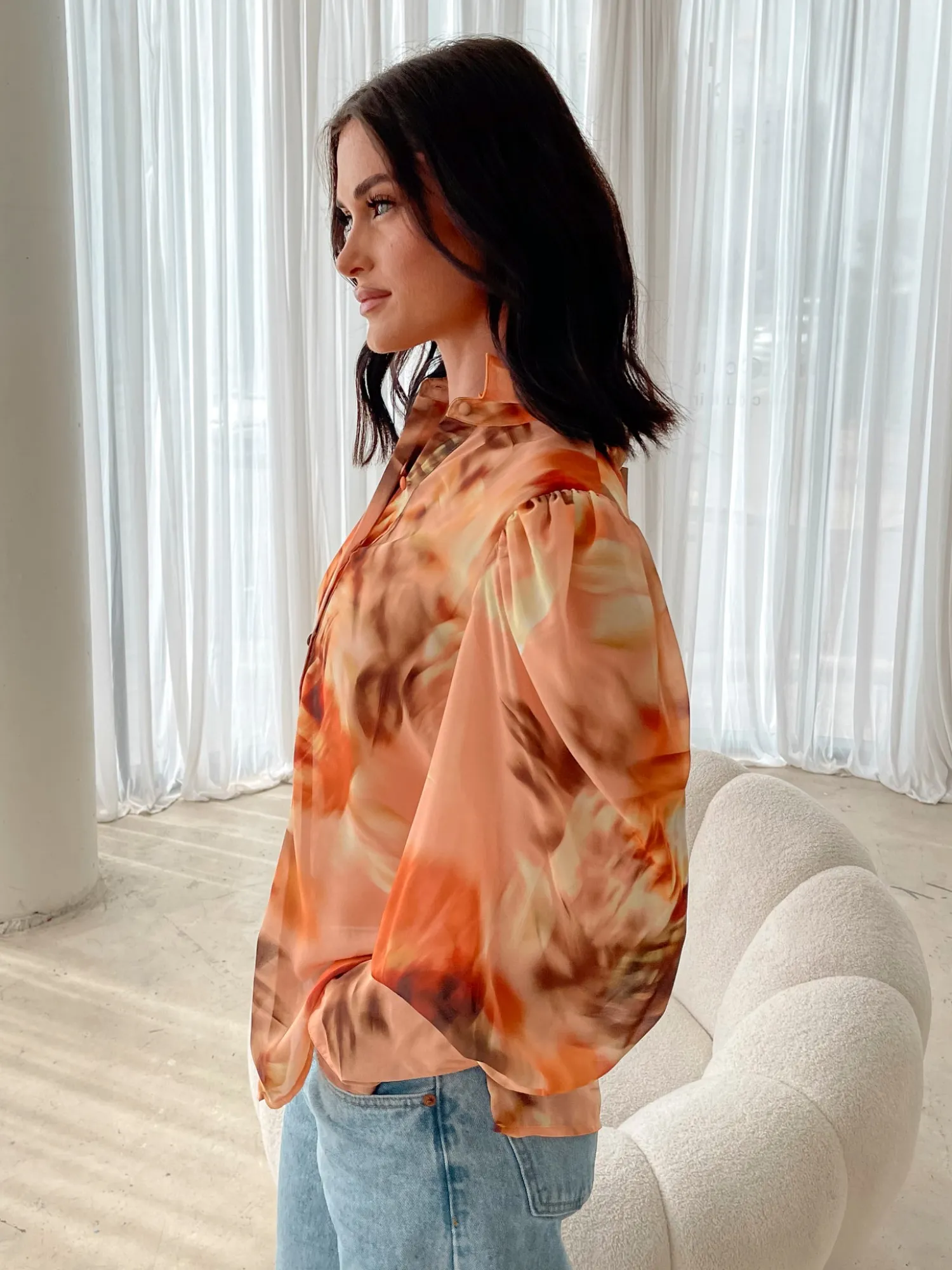 Clearance Fleet Blouse - Yellow Blurred Floral Long Sleeve Tops|Blouses & Shirts