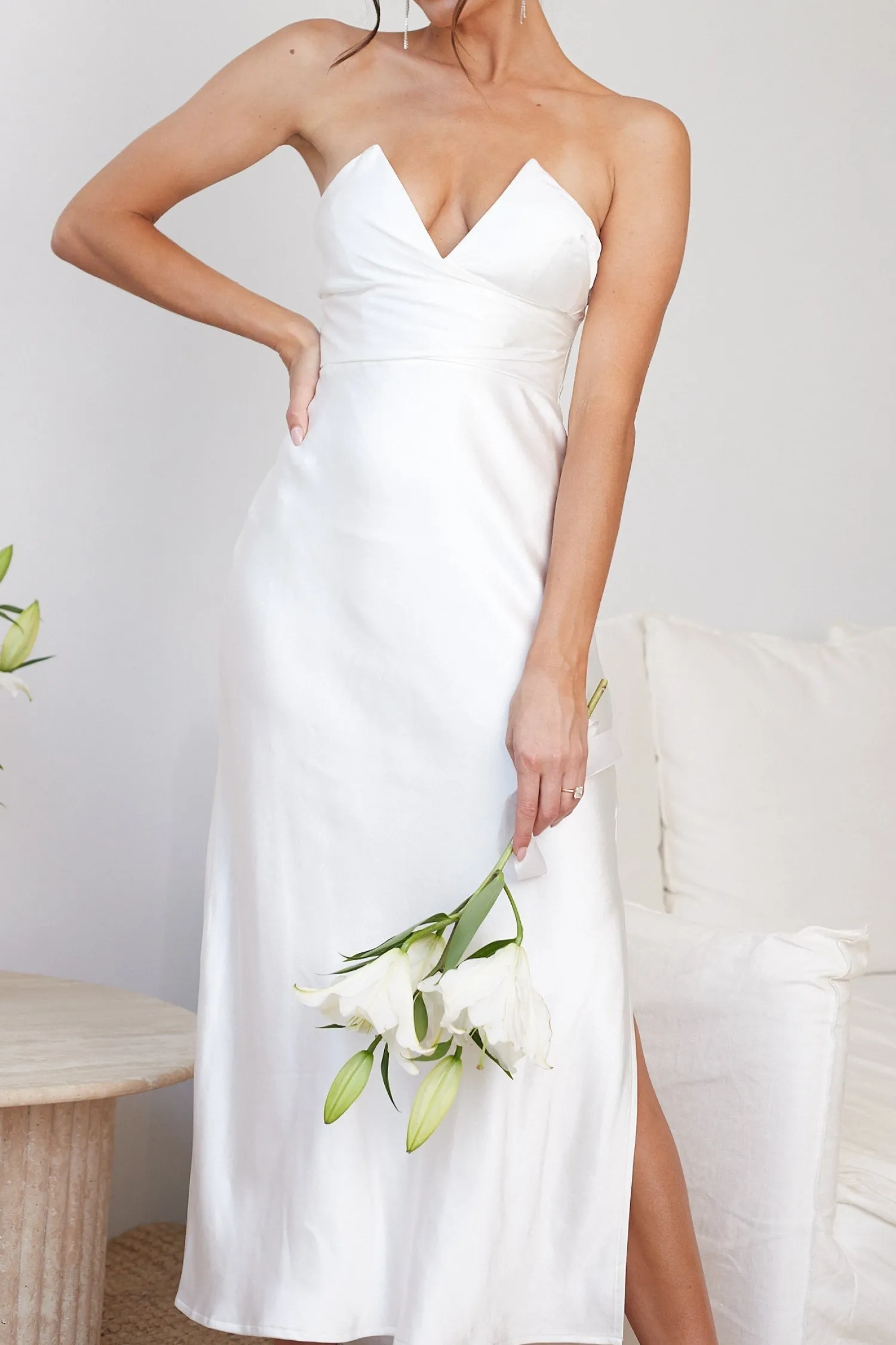 Outlet Giavanna Dress - White Satin Dresses|Strapless Dresses