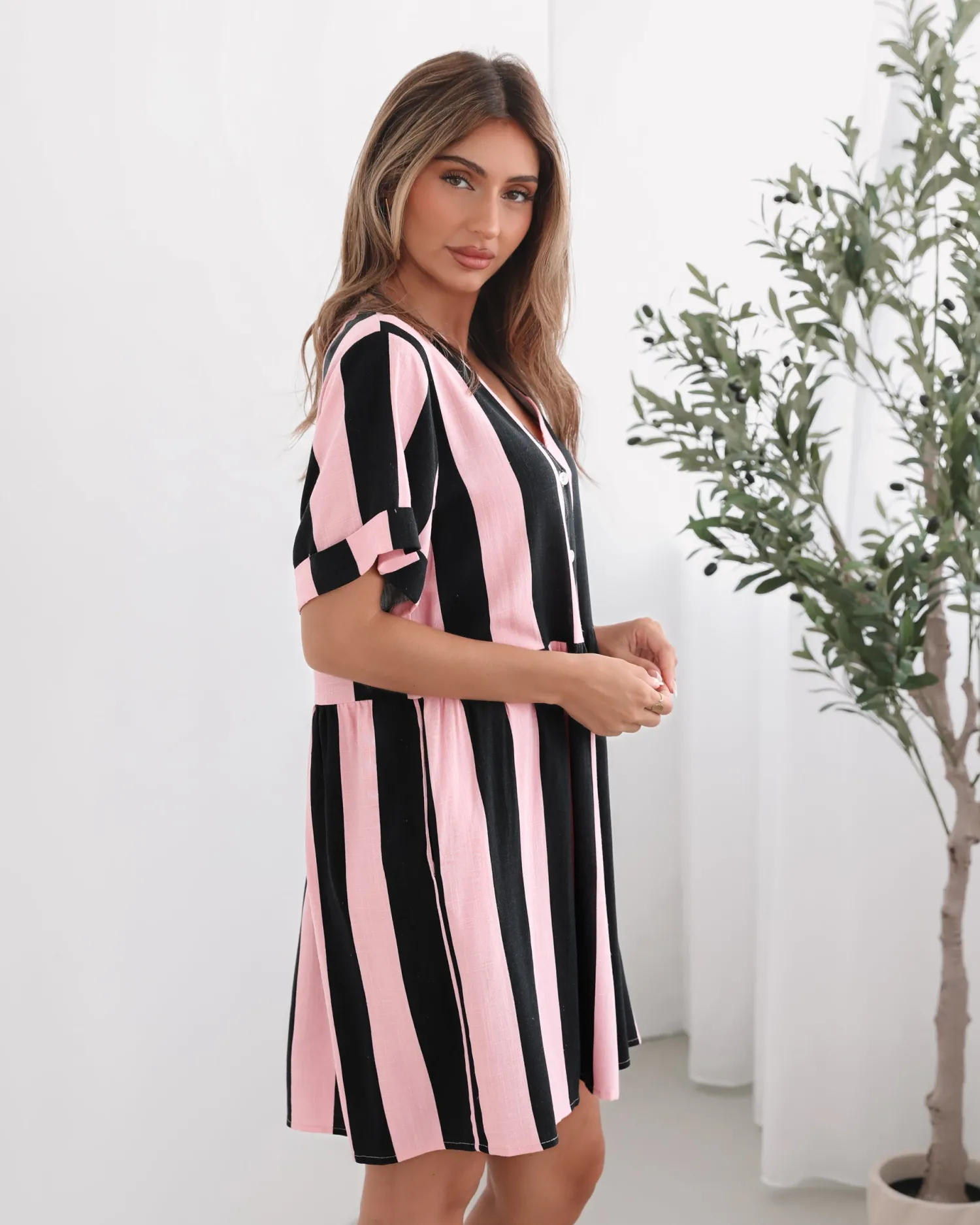 Graziella Dress - Pink Stripe Linen Dresses|Curve Dresses