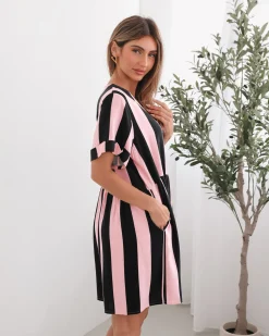 Graziella Dress - Pink Stripe Linen Dresses|Curve Dresses
