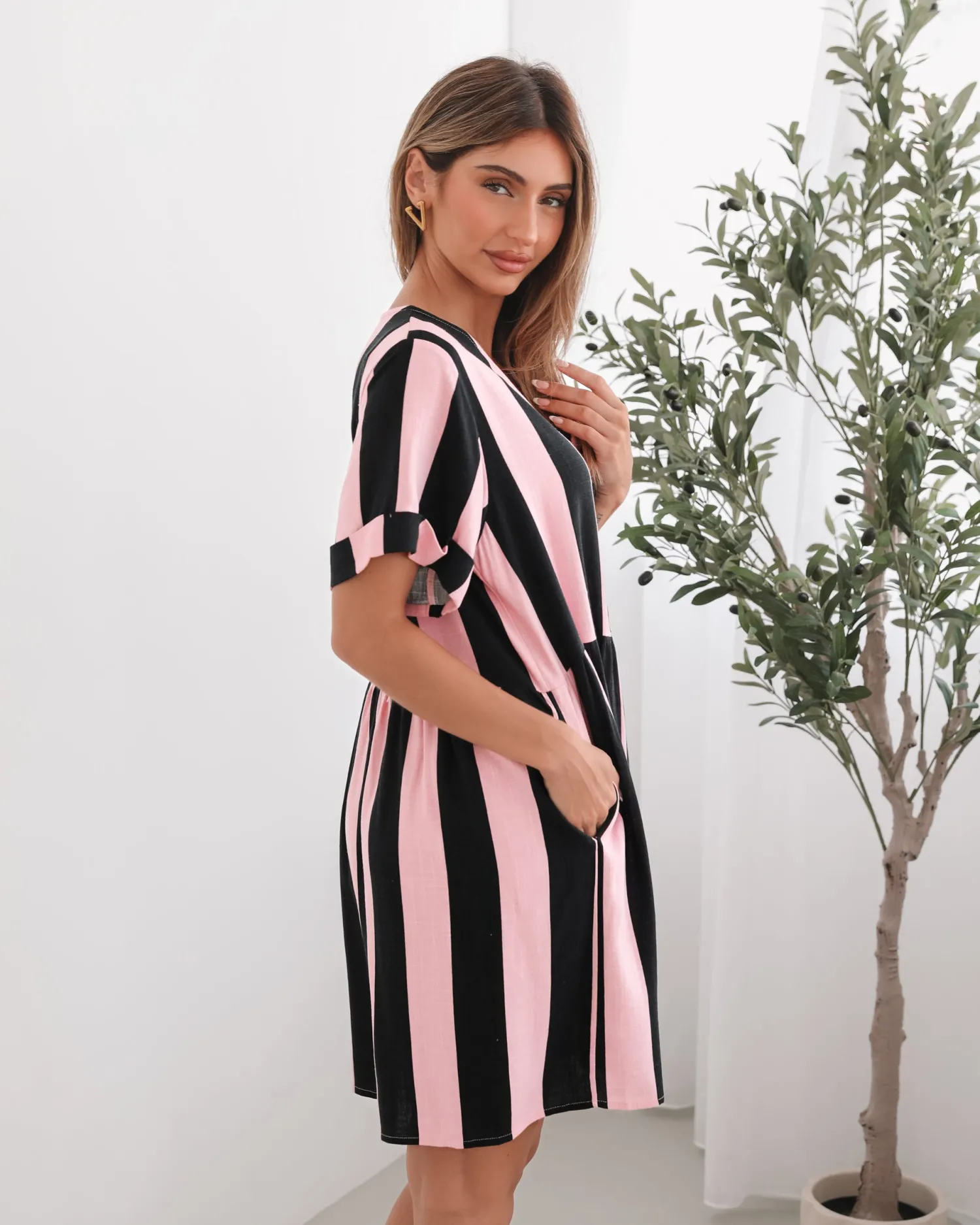 Graziella Dress - Pink Stripe Linen Dresses|Curve Dresses