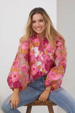 Janette Shirt - Pink and White Floral Long Sleeve Tops|Blouses & Shirts