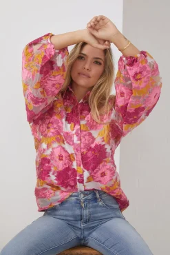 Janette Shirt - Pink and White Floral Long Sleeve Tops|Blouses & Shirts