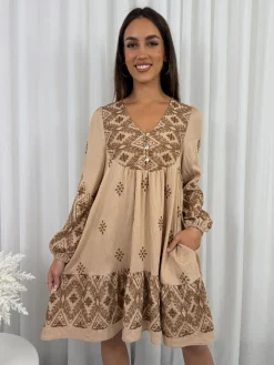 Clearance Jenayah Dress - Tan Print Boho Dresses|Long Sleeve Dresses