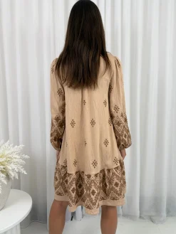 Clearance Jenayah Dress - Tan Print Boho Dresses|Long Sleeve Dresses