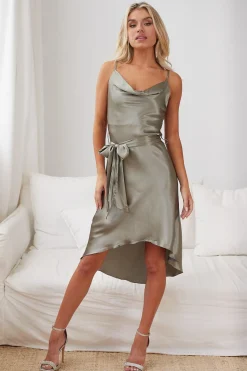 Hot Jessica Dress - Khaki Satin Dresses|Curve Dresses